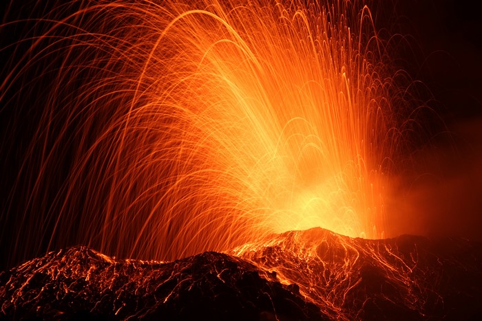 4K Volcano Erupting Lava at Night