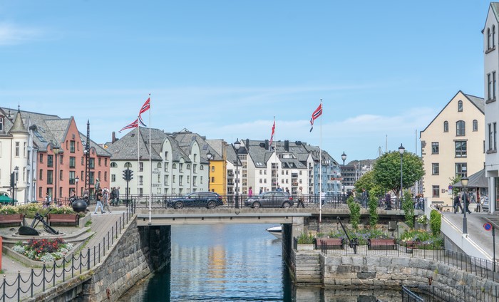 Alesund, Norway Canal with Bridge and Buildings