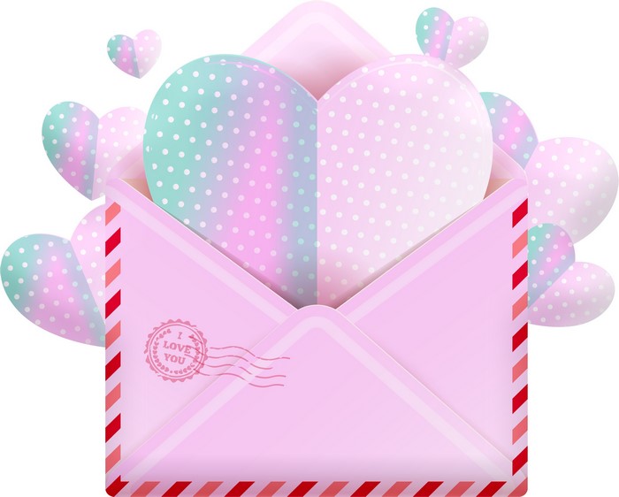 Pink envelope with hearts and "I Love You" stamp