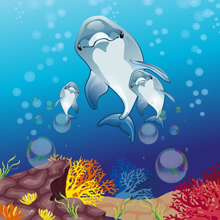 Dolphins swimming in the ocean with coral reefs