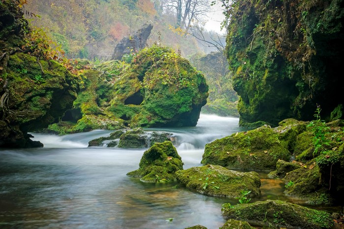 4K Korana River with Mossy Rocks in Croatia