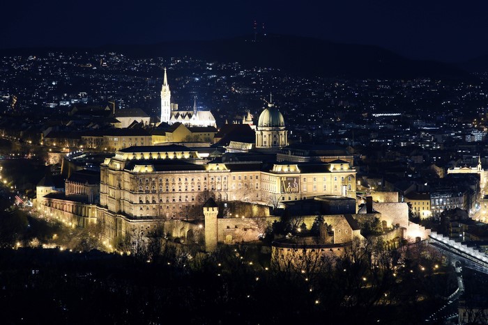Buda Castle at night in Budapest, Hungary