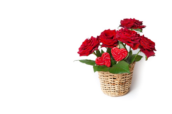 Red Roses in Wicker Basket with Heart Lollipops
