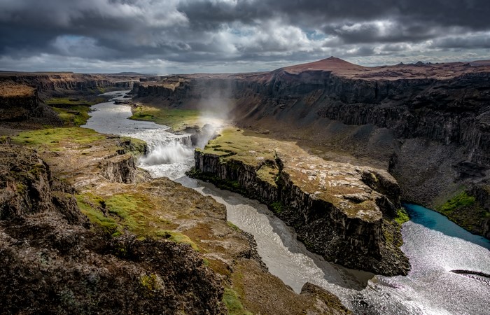 Canyon with Waterfall and River in Iceland