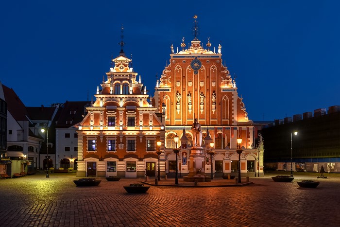 House of the Blackheads in Riga, Latvia at night