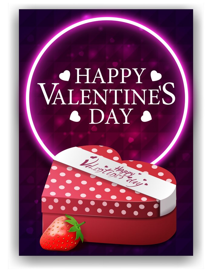 Happy Valentine's Day heart-shaped gift box with strawberry