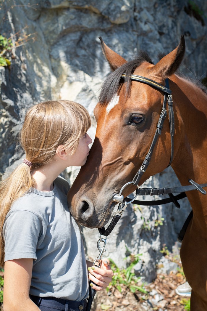 Girl kissing a brown horse