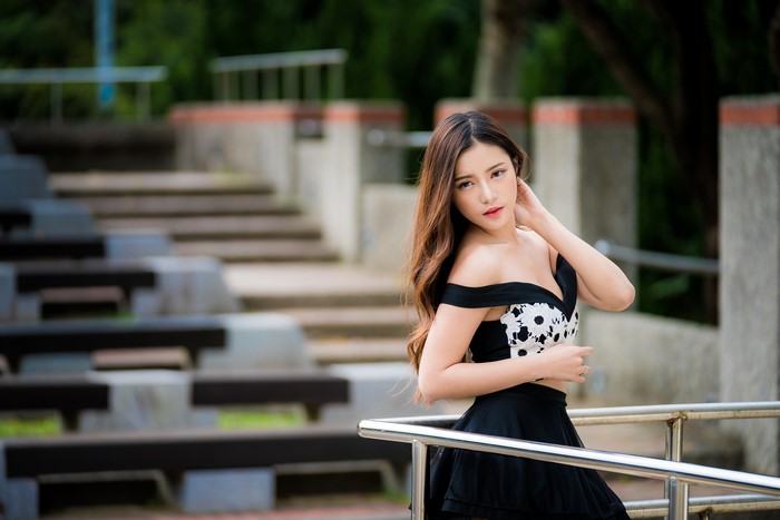 4K Asian Woman in Black Dress with Bokeh