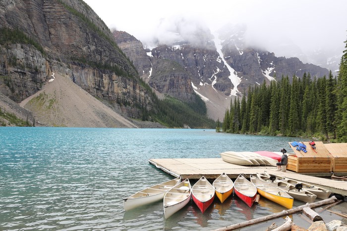 Moraine Lake with Canoes and Mountains in Banff National Park