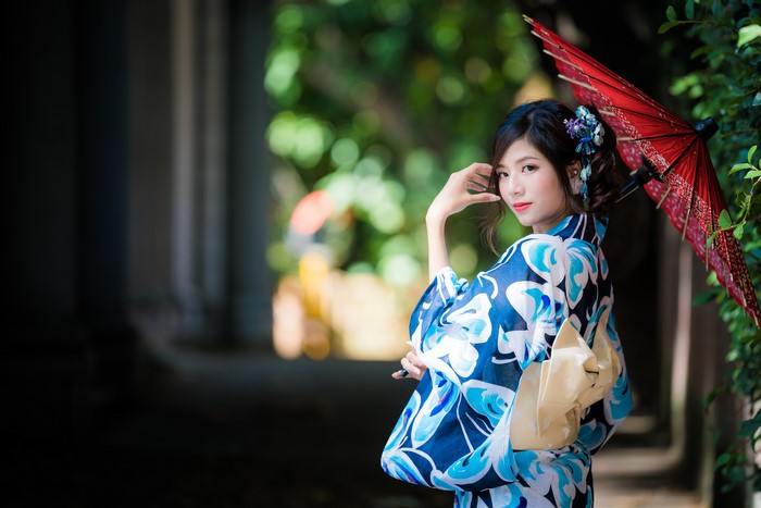 Woman in Kimono Holding Red Umbrella