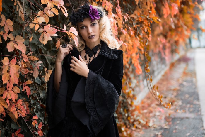 Gothic Fantasy Blonde Girl with Purple Flower Headpiece