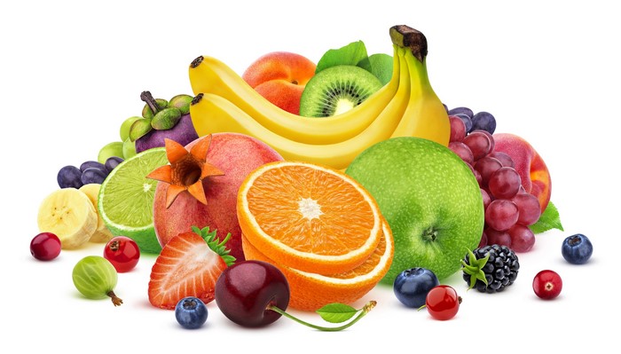 Assortment of fresh fruits including bananas, oranges, apples, and berries