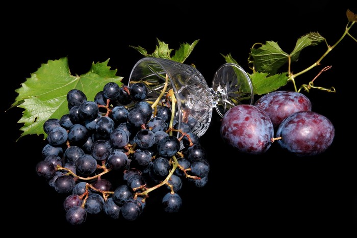 Grapes and Plums with Crystal Glassware