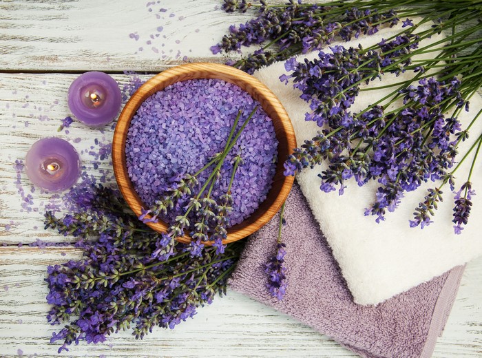Lavender spa set with candles and towels