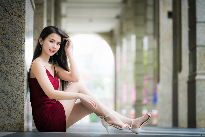 4K Asian Brunette Girl Sitting in Red Dress