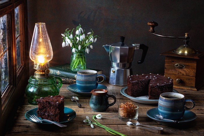 Still-life with Kerosene lamp, Snowdrops, Kettle, Cakes, Coffee