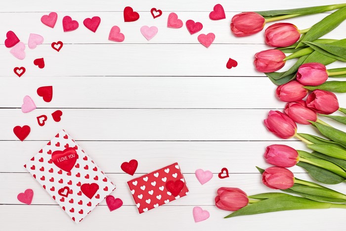 Valentine's Day Tulips and Hearts on Wood