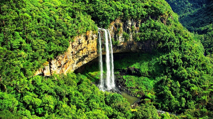 Waterfall cascading down a rocky cliff surrounded by dense forest