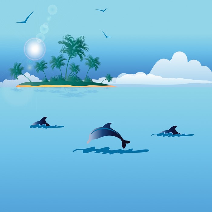 Island with palm trees and dolphins in the sea