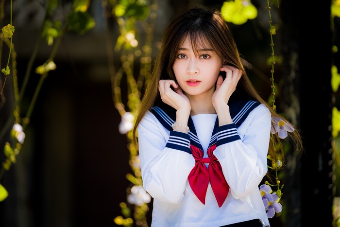 4K Asian Schoolgirl in Uniform with Bokeh