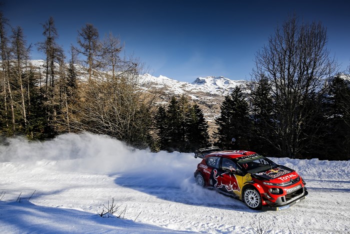 Citroen C3 WRC car on a snowy rally stage