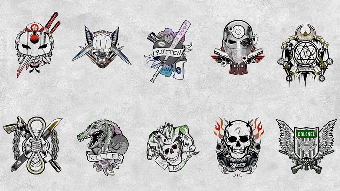Suicide Squad 2016 character emblems and tattoos