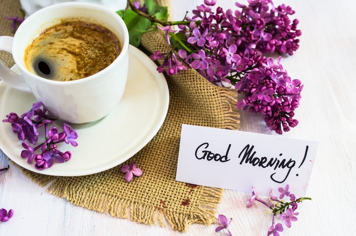 4K Coffee Cup with Lilacs and "Good Morning" Card