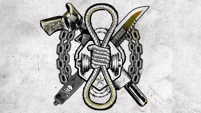 Emblem with weapons, rope, and chains