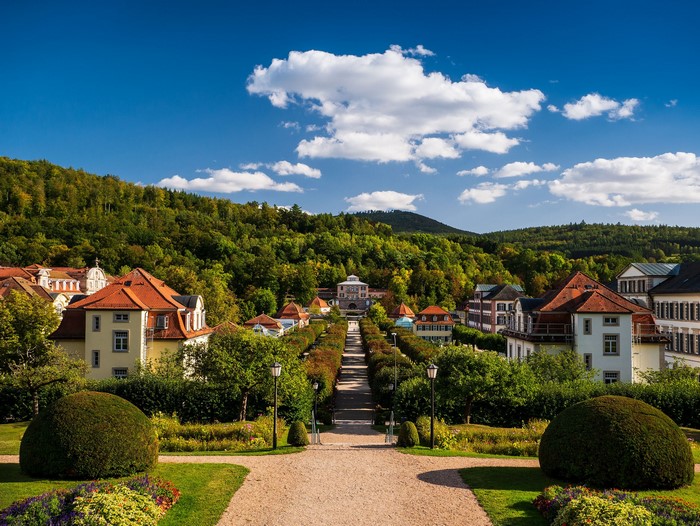 Bad Brueckenau Germany with tree-lined street and buildings