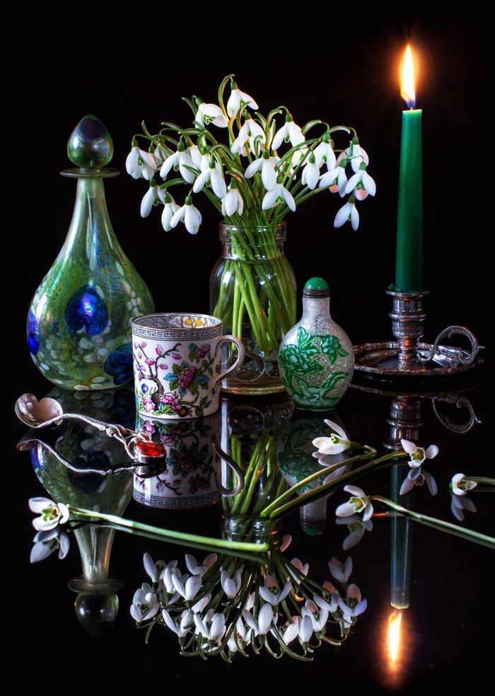 Still-life with Snowdrops, Candle, and Decorative Objects