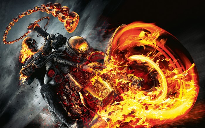 4K Ghost Rider on a flaming motorcycle with a chain