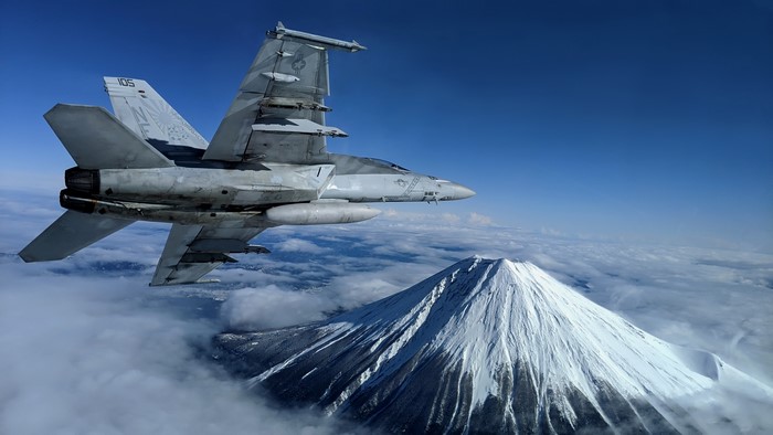 F/A-18F Super Hornet flies over Mount Fuji