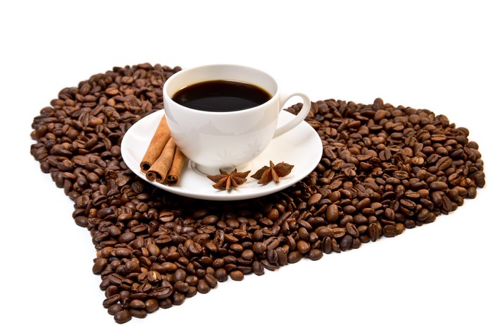Coffee Beans in Heart Shape with Coffee Cup and Spices