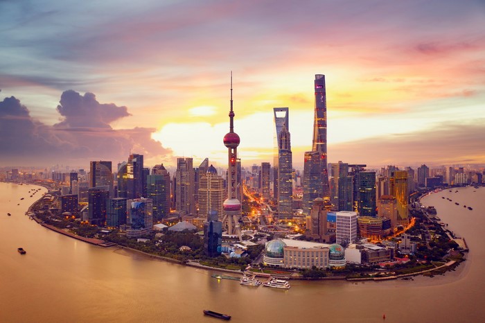 Shanghai Skyline at Evening by Huangpu River