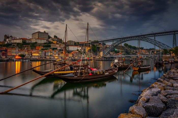 Douro River with Rabelo boats and Dom Luís I Bridge, Porto, Portugal