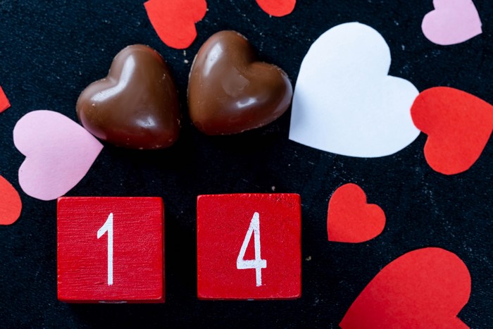 Valentine's Day chocolate hearts and number blocks