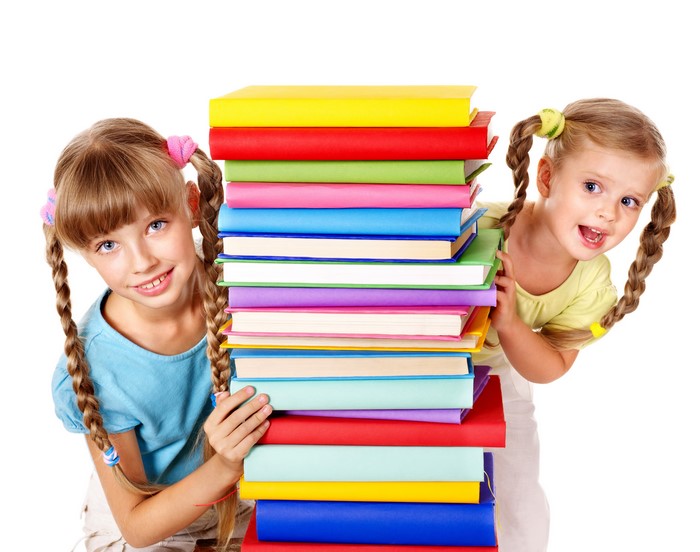 Two Little Girls with Colorful Books Stack 4K