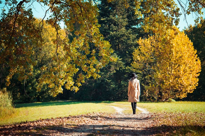 Woman in hat and coat walking on autumn trail