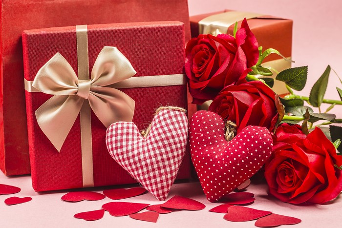 Valentine's Day Gifts with Red Roses and Hearts