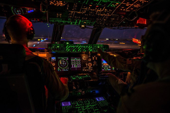 USAF C-5M Super Galaxy cockpit at night