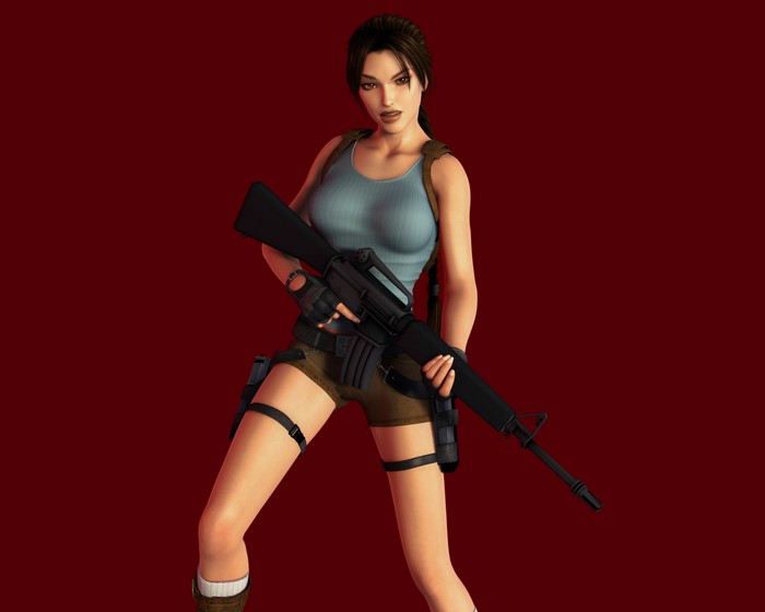 Lara Croft from Tomb Raider holding an assault rifle