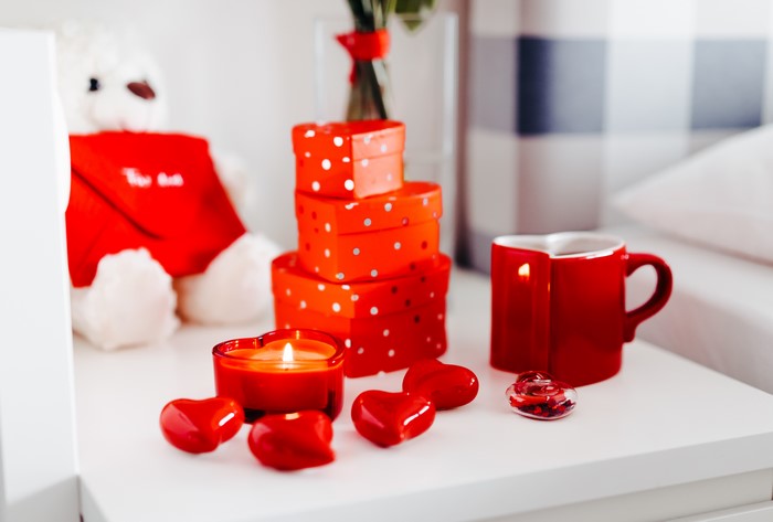 Valentine's Day gifts, candles, and mug