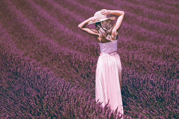 Woman in Hat in Lavender Field