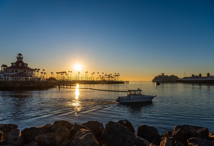 Sunrise over Long Beach Marina with Queen Mary and cruise ship