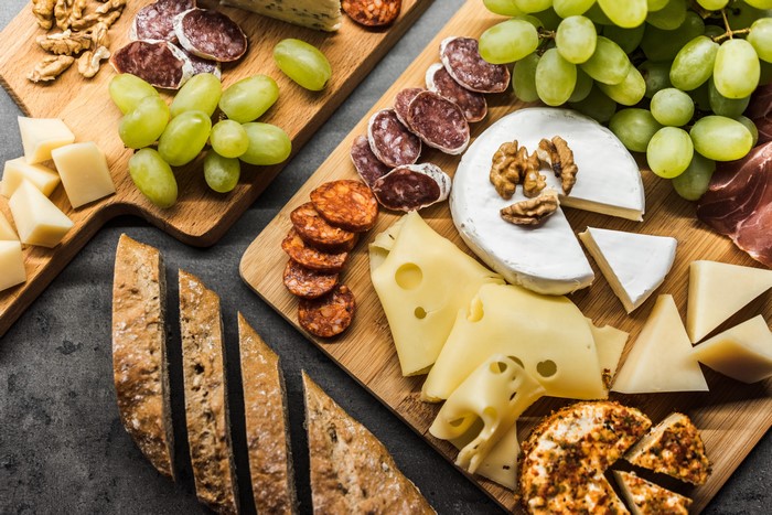 Cheese, Grapes, Sausage, and Bread Platter