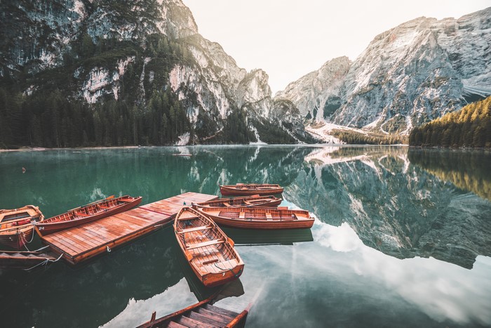 Lake Braies with Boats and Mountains in Italy