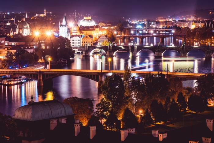 Prague bridges over Vltava River at night