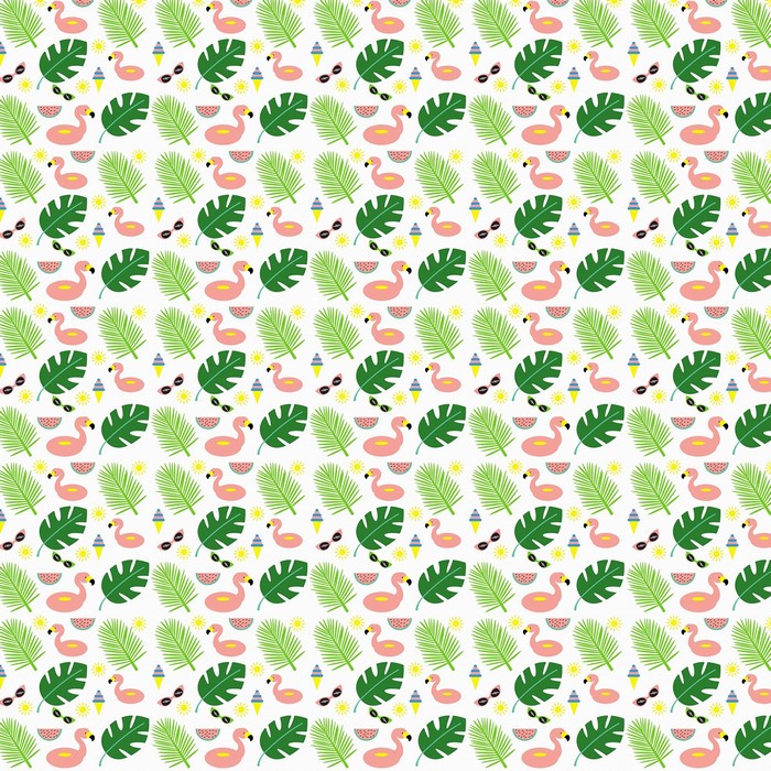 Summer Pattern with Flamingos and Palm Leaves