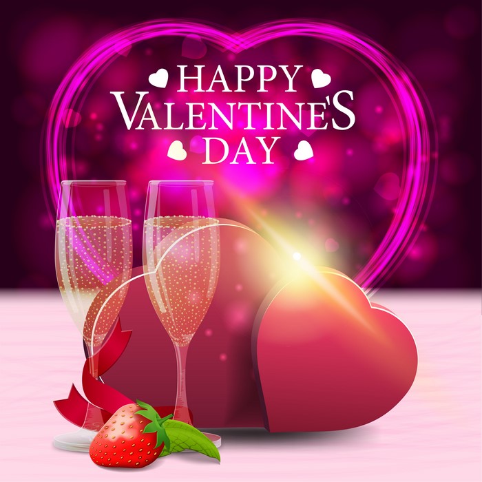 Happy Valentine's Day Champagne Glasses and Strawberry