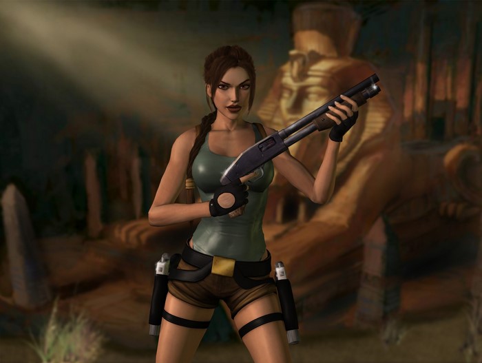Lara Croft from Tomb Raider holding a shotgun